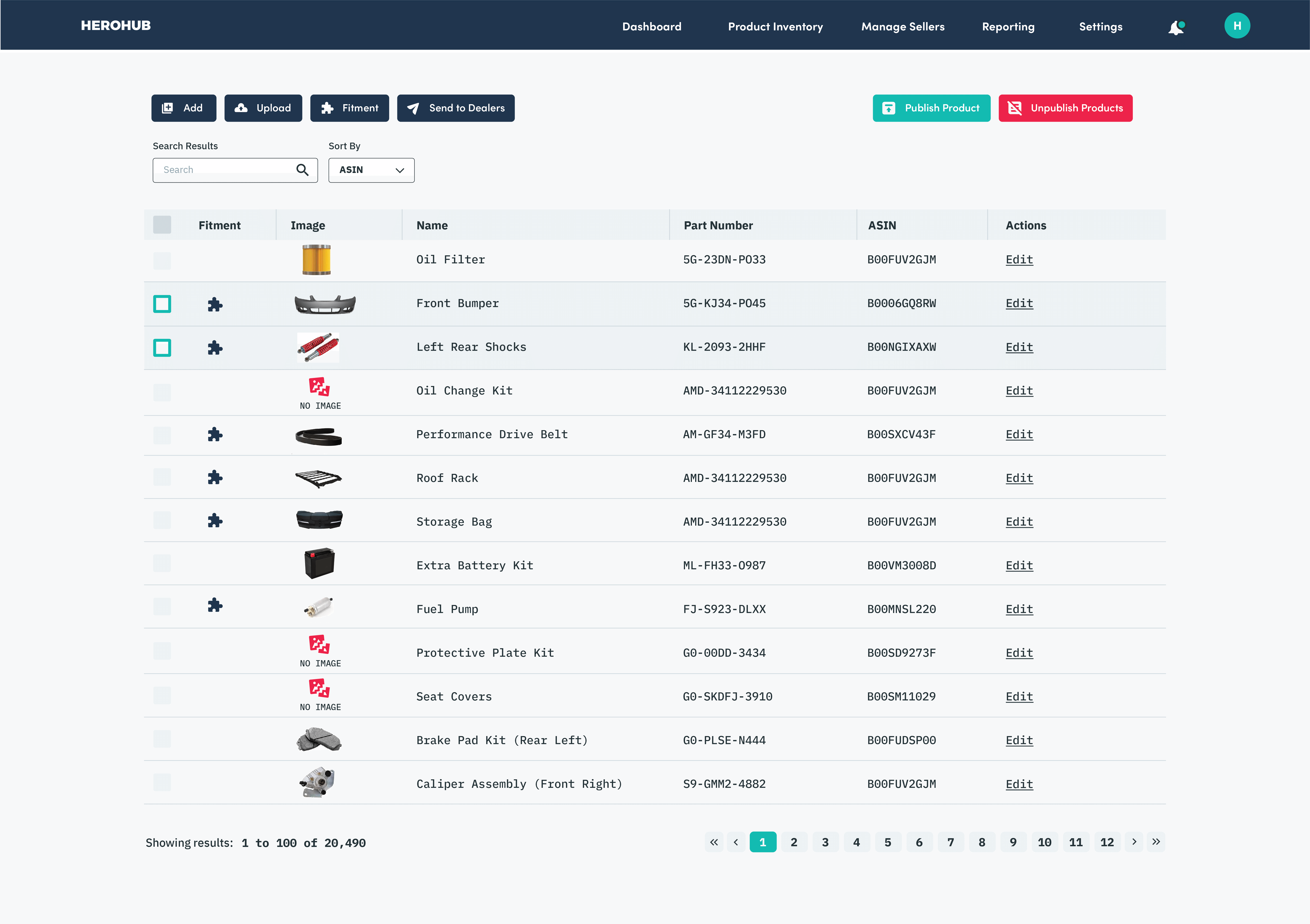 Digital catalog dashboard screen showing part names, descriptions, images, ASIN, and associated fitment 