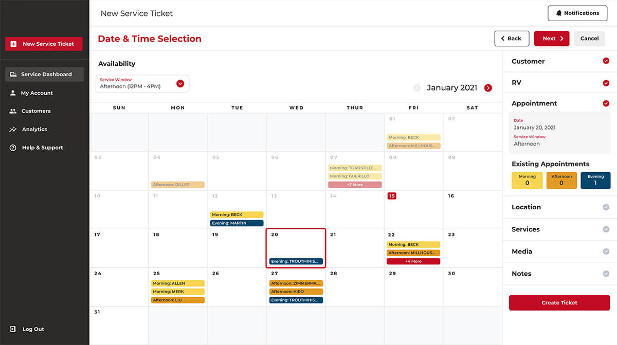 Service provider calendar screen