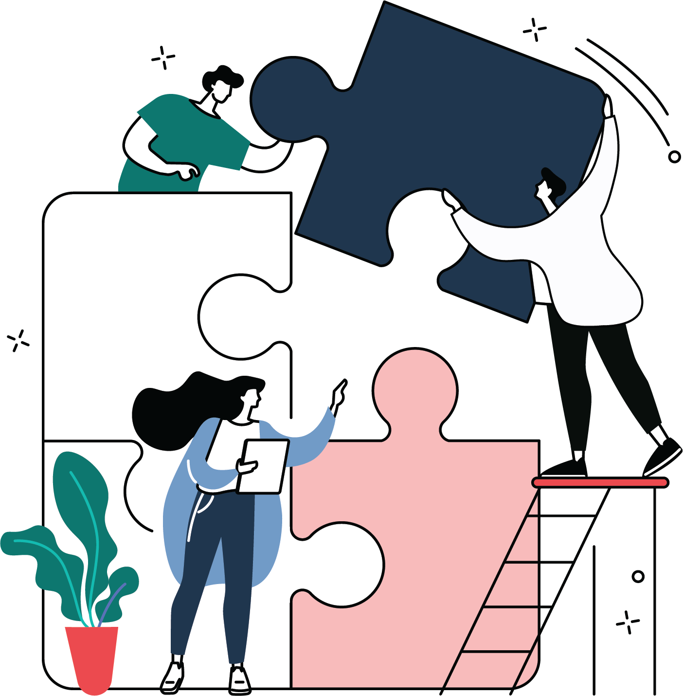 Illustration of woman and man assembling large puzzle pieces 