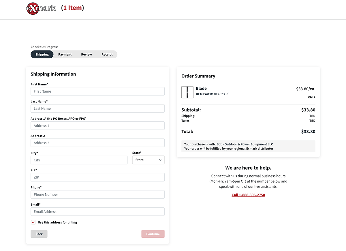 Screenshot of Exmark parts & accessories checkout process 