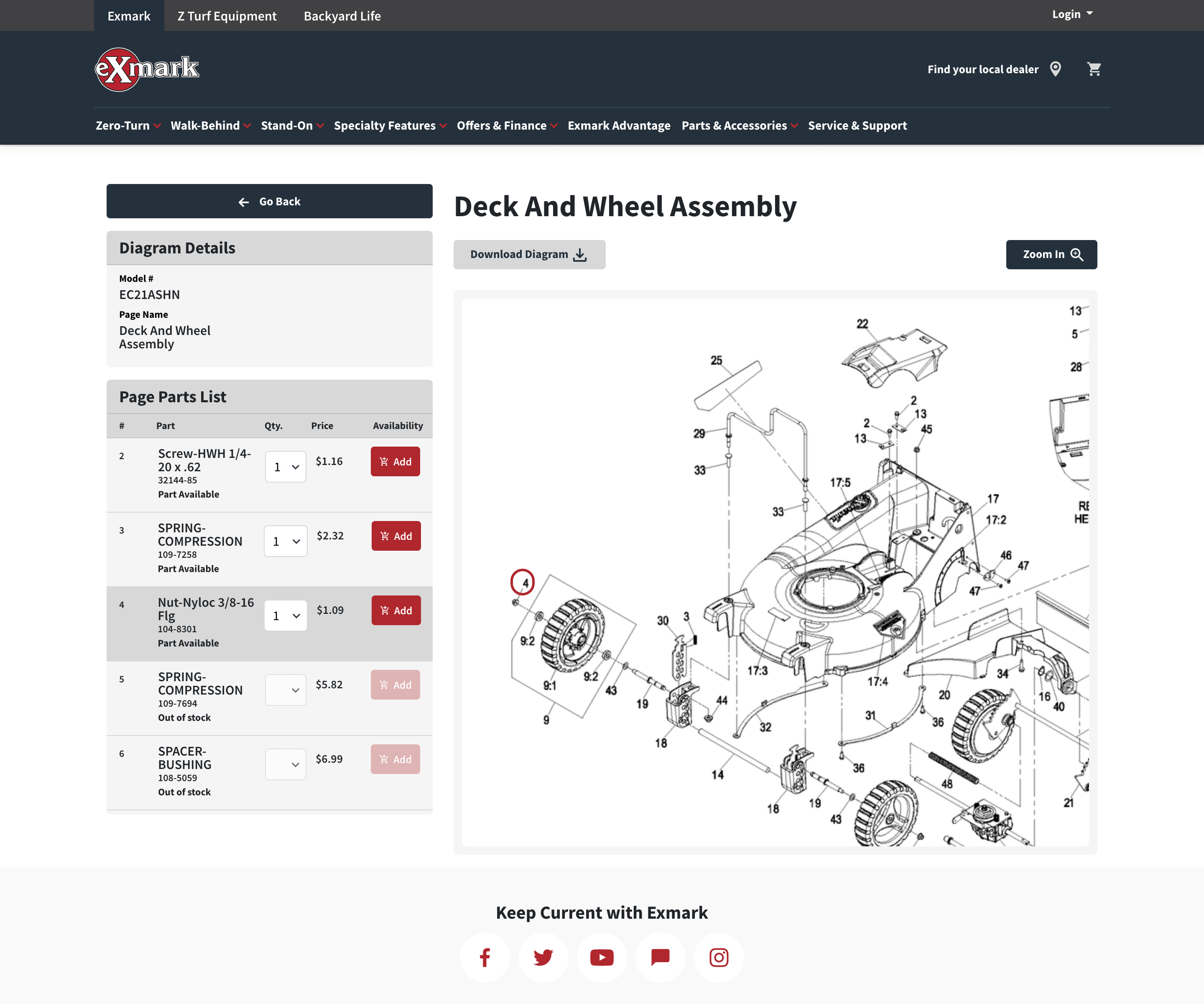 Exmark Shop Local parts diagram shopping experience 