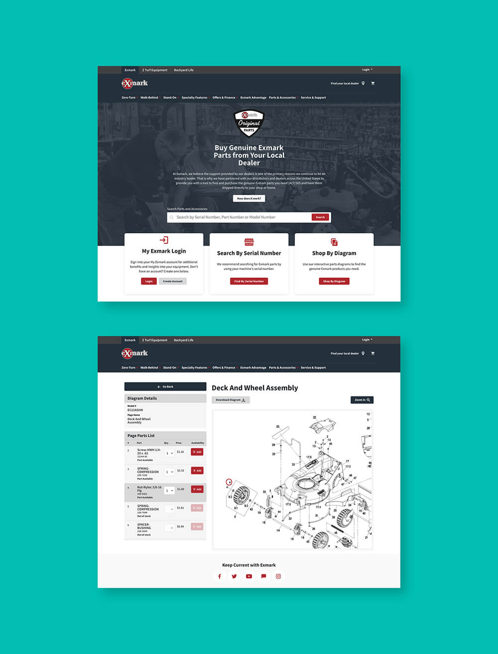 Screens from exmark parts & accessories shop local experience showing parts diagram and homepage 