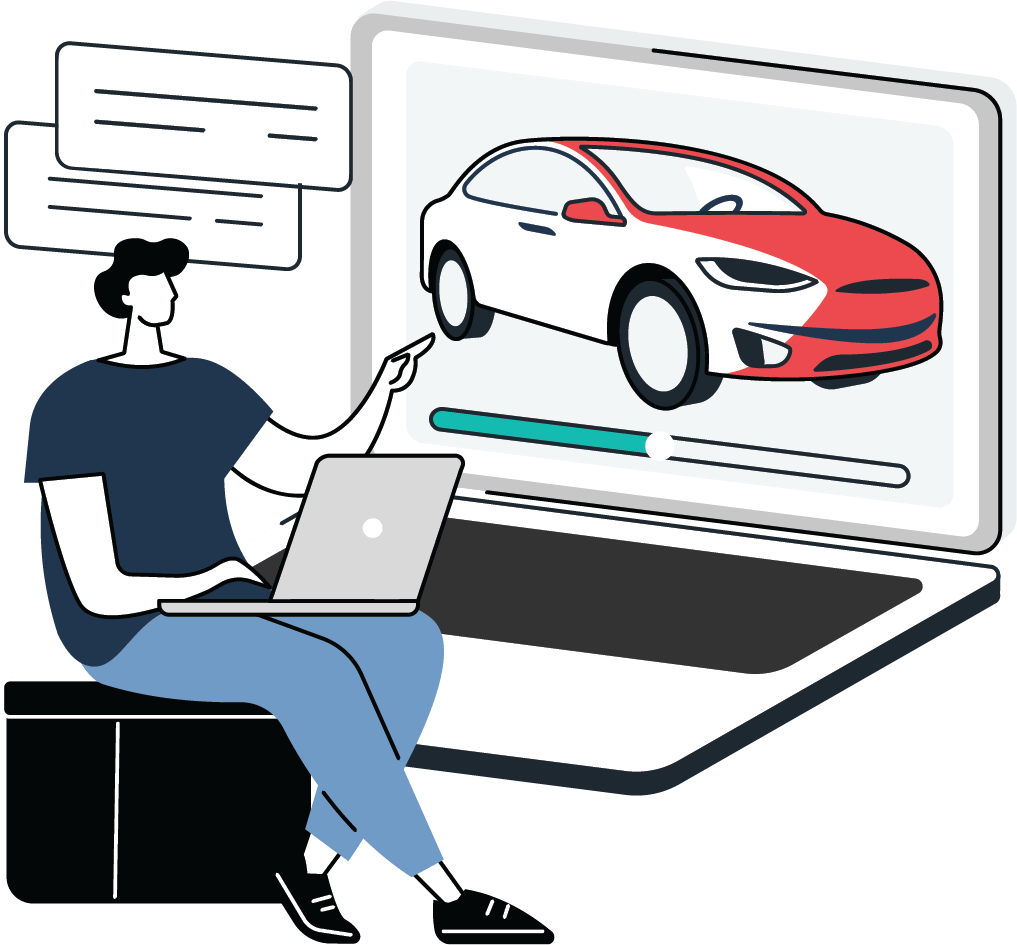 Illustration of man searching online for parts that fit his vehicle. 