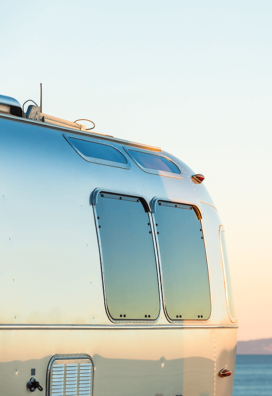 View of back of an Airstream camper 
