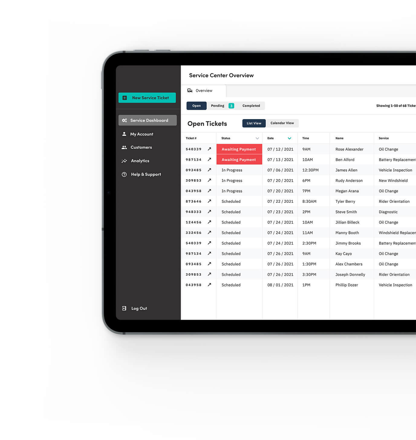 Service provider dashboard showing upcoming appointments and customer data at a glance 